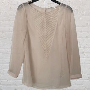 Kimchi Sheer Pink Ribbed Texture Neckline Back Buttons Long Sleeve Top Blouse